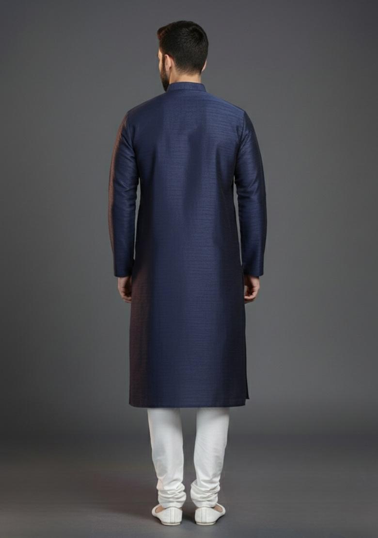 Navy Blue Embroidered Silk Kurta Set For Men - Indya