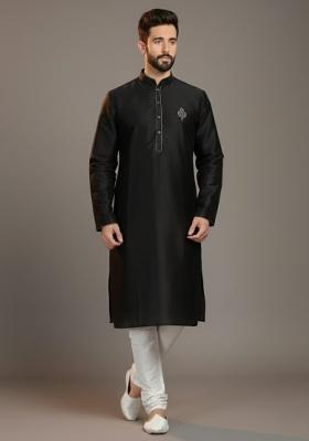 Black Embroidered Silk Kurta Set For Men