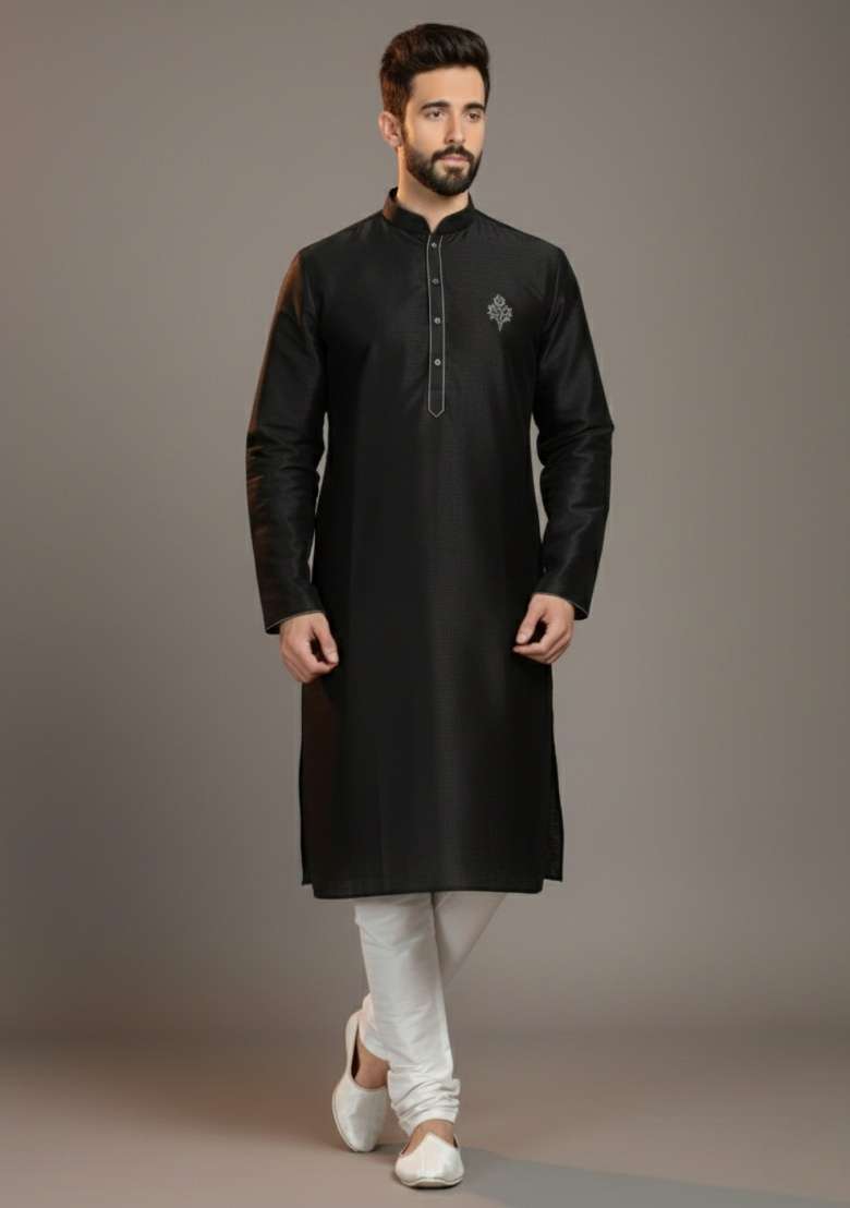 Black Embroidered Silk Blend Kurta Set For Men - Indya