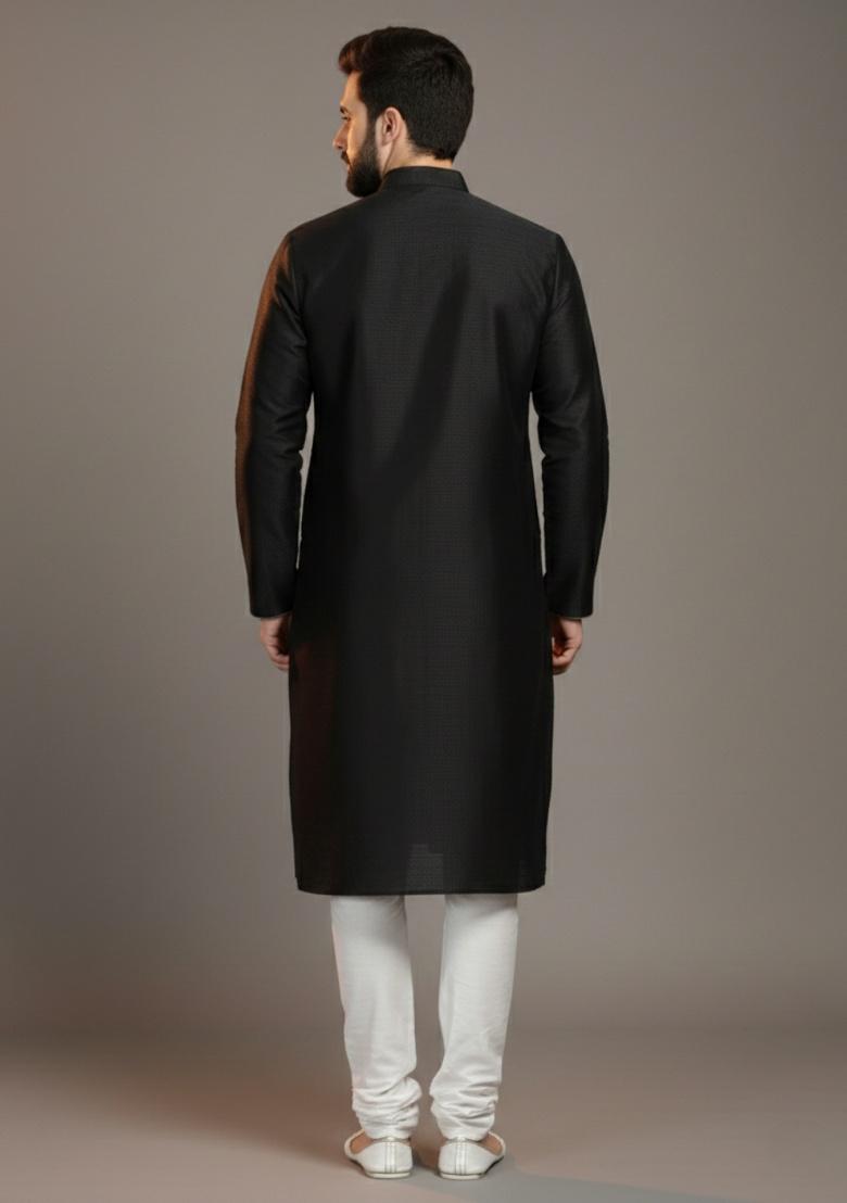 Black Embroidered Silk Kurta Set For Men - Indya