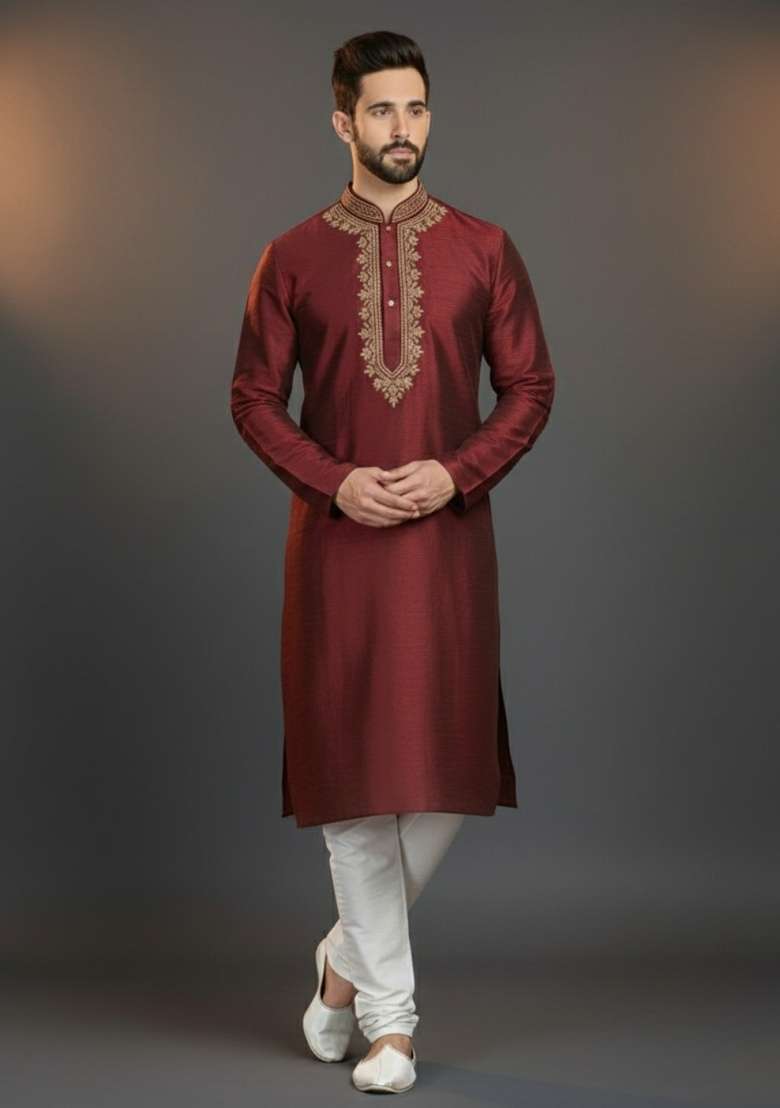 Maroon Embroidered Silk Blend Kurta Set For Men - Indya