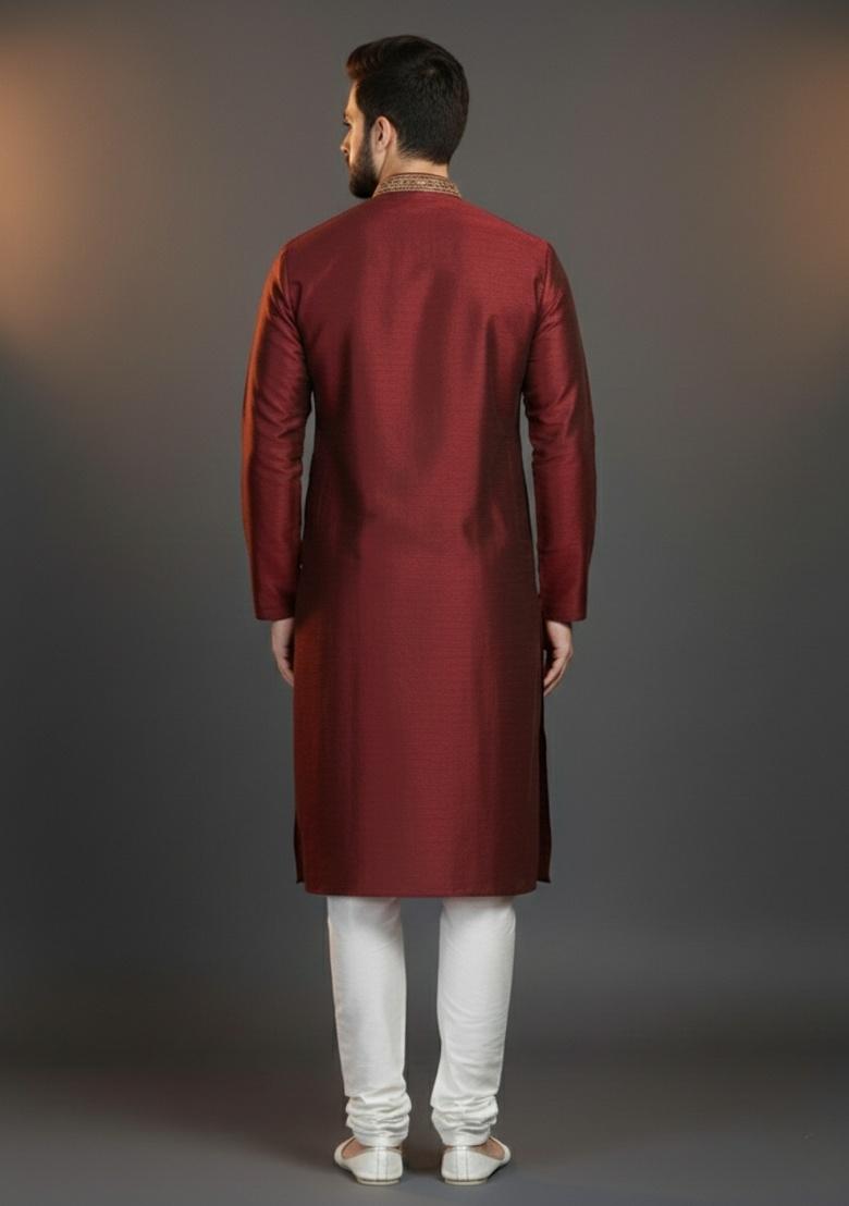 Maroon Embroidered Silk Kurta Set For Men - Indya