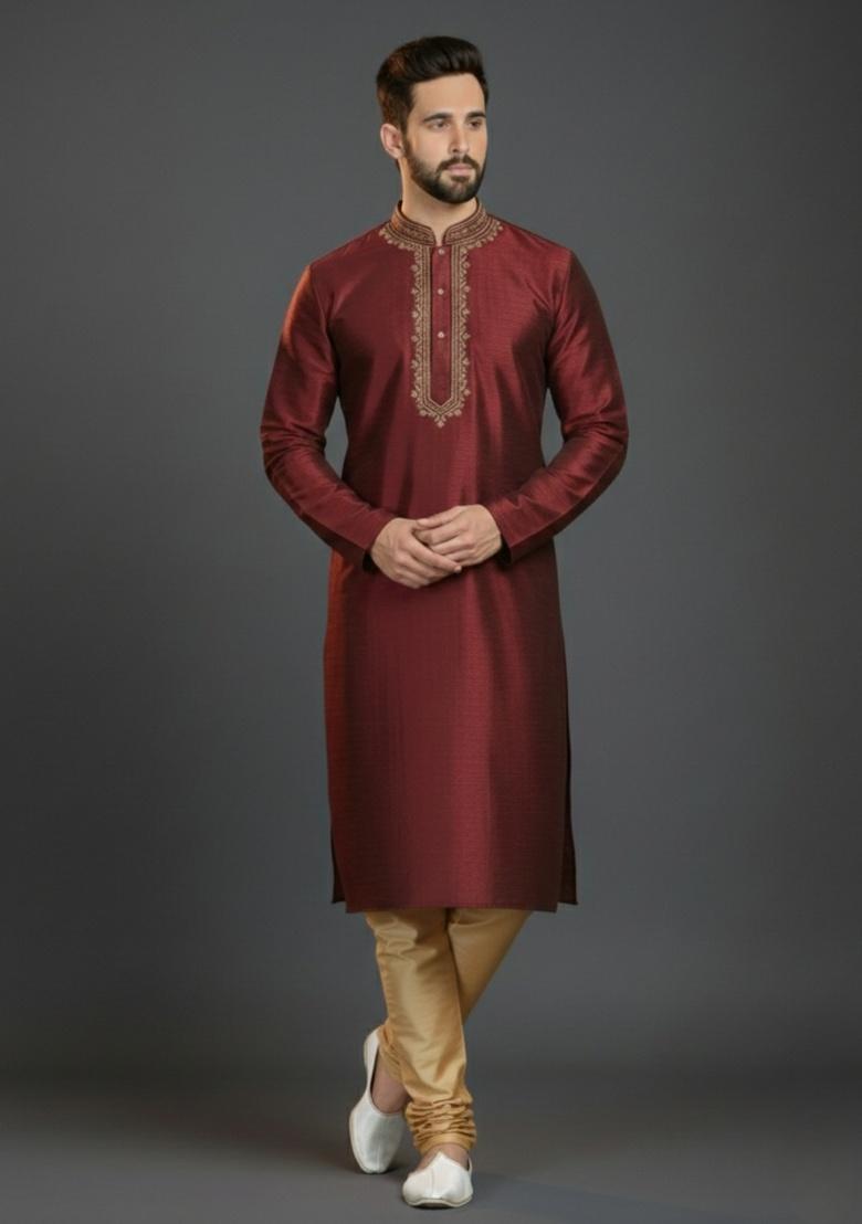 Maroon Embroidered Silk Kurta Set For Men - Indya