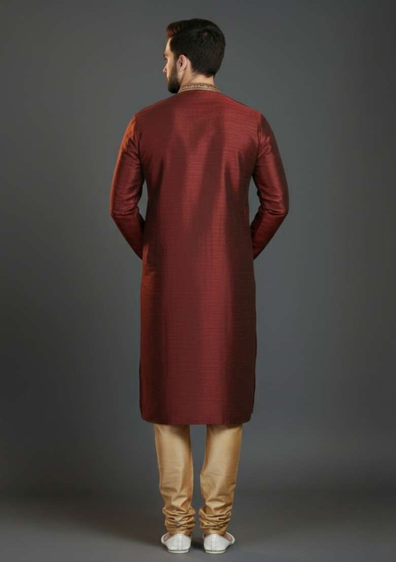 Maroon Embroidered Silk Blend Kurta Set For Men - Indya