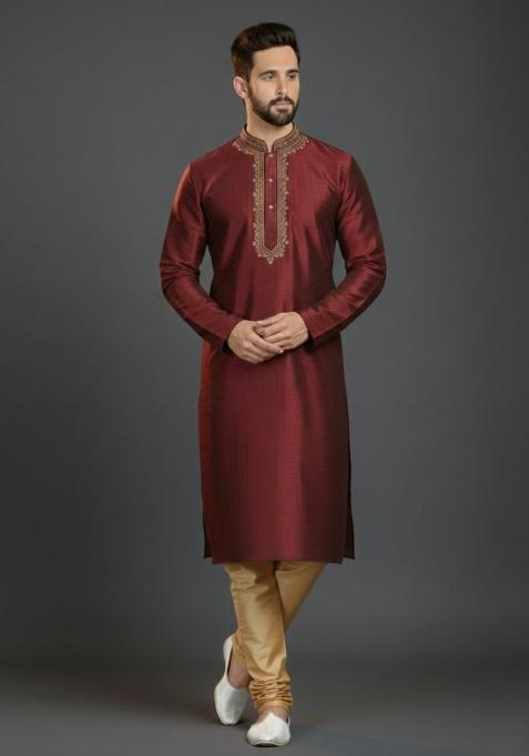 Maroon Embroidered Silk Kurta Set For Men