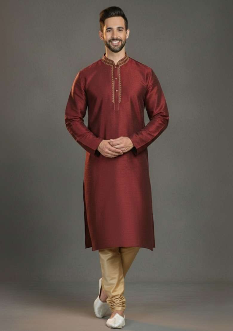 Maroon Embroidered Silk Blend Kurta Set For Men - Indya