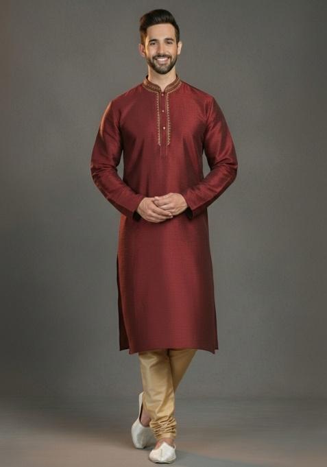 Maroon Embroidered Silk Kurta Set For Men