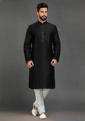 Black Embroidered Silk Kurta Set For Men