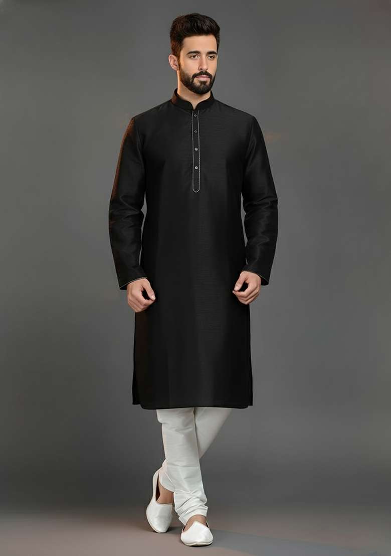 Black Embroidered Silk Blend Kurta Set For Men - Indya