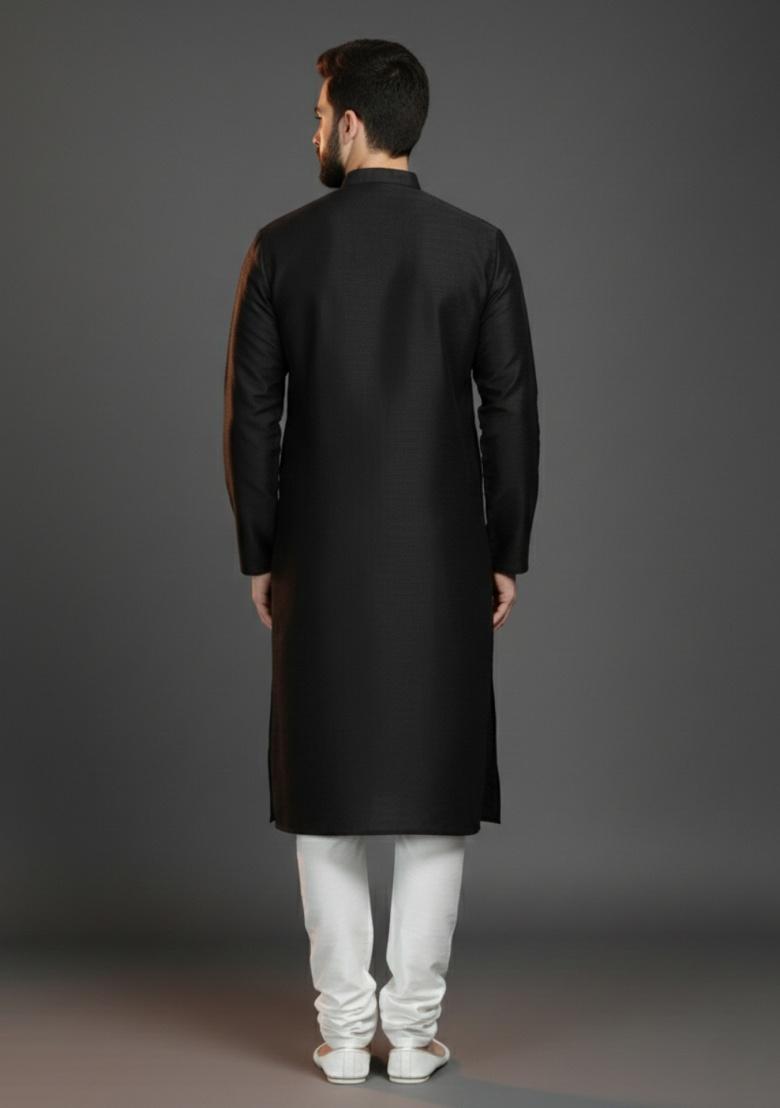 Black Embroidered Silk Kurta Set For Men - Indya