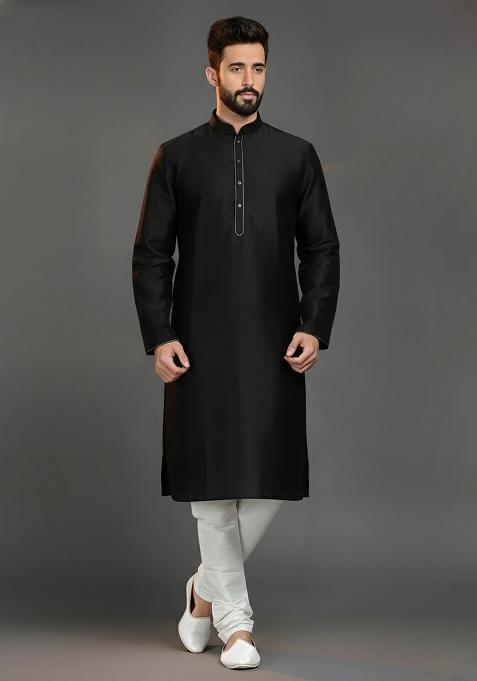Black Embroidered Silk Kurta Set For Men