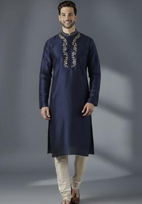 Navy Blue Embroidered Silk Kurta Set For Men