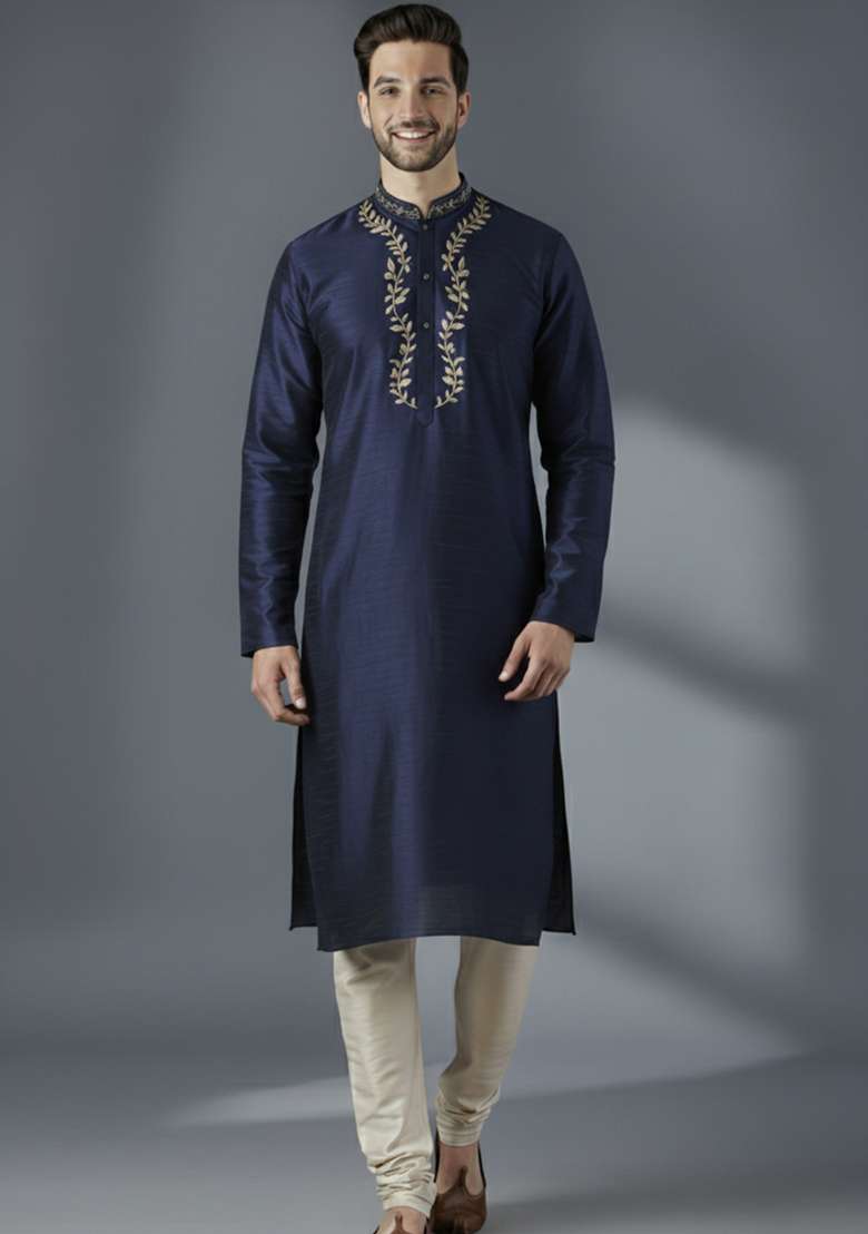 Navy Blue Embroidered Silk Blend Kurta Set For Men - Indya