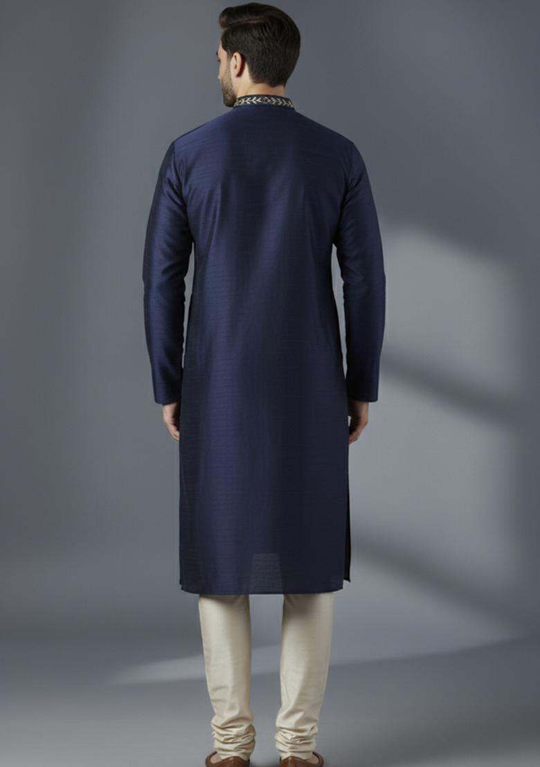 Navy Blue Embroidered Silk Kurta Set For Men - Indya