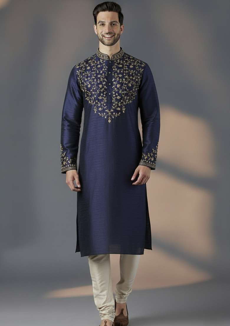 Navy Blue Embroidered Silk Blend Kurta Set For Men - Indya