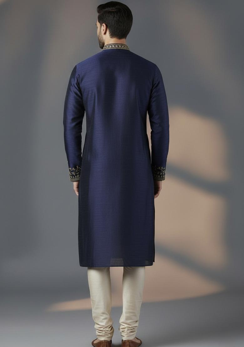 Navy Blue Embroidered Silk Kurta Set For Men - Indya