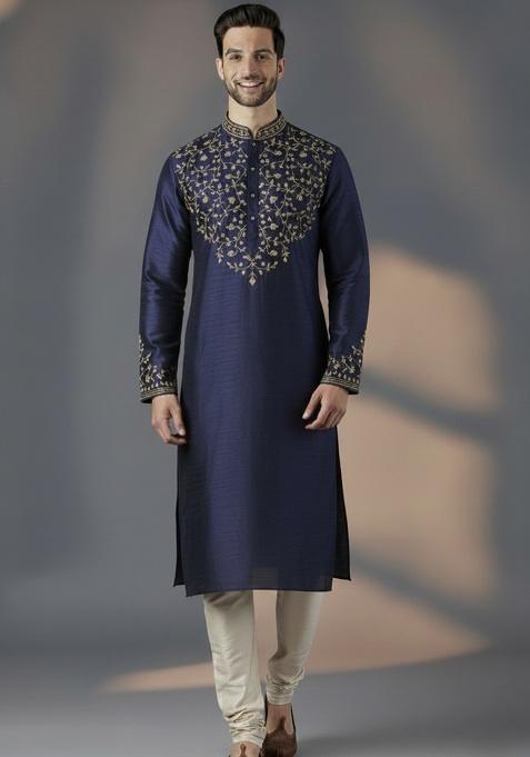 Navy Blue Embroidered Silk Kurta Set For Men