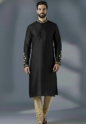 Black Embroidered Silk Kurta Set For Men