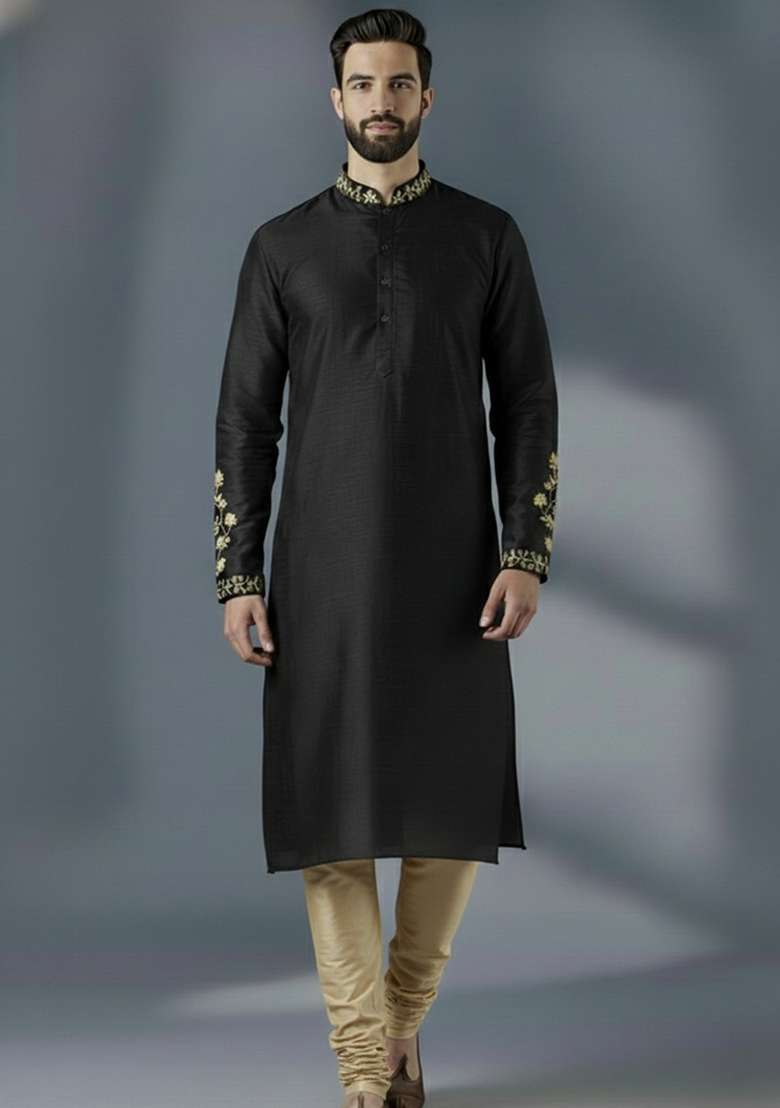 Black Embroidered Silk Blend Kurta Set For Men - Indya