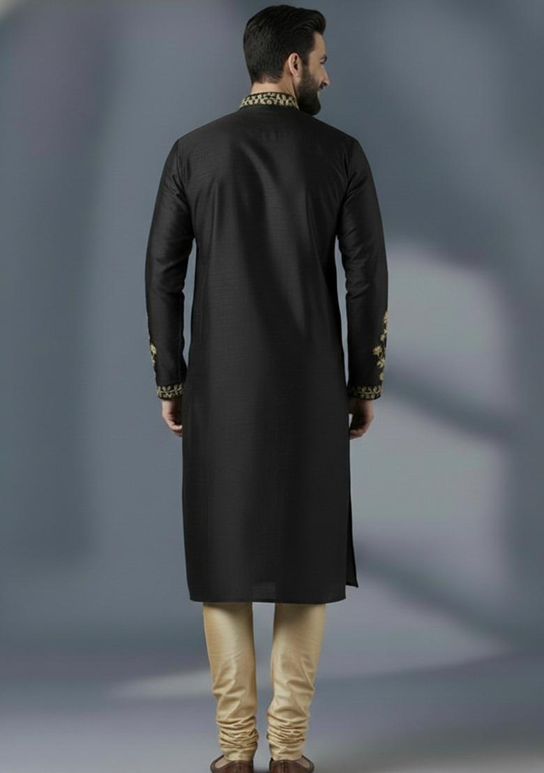 Black Embroidered Silk Kurta Set For Men - Indya