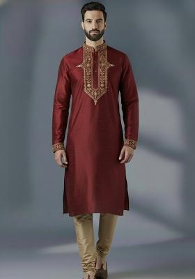 Maroon Embroidered Silk Kurta Set For Men