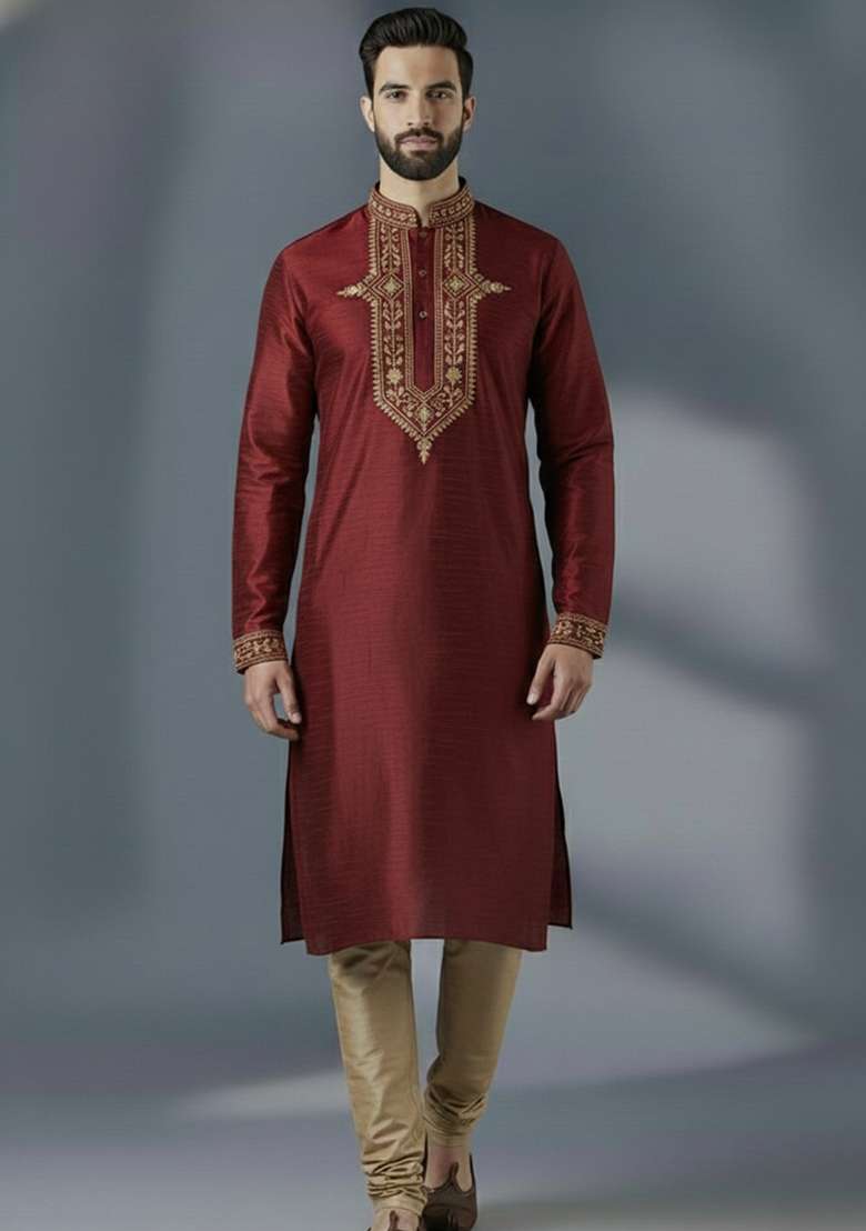 Maroon Embroidered Silk Blend Kurta Set For Men - Indya