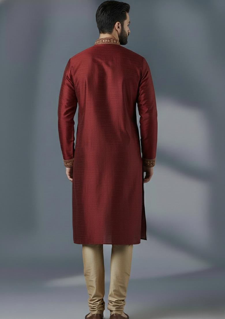 Maroon Embroidered Silk Kurta Set For Men - Indya