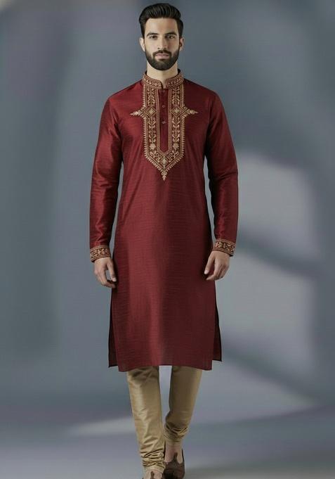 Maroon Embroidered Silk Kurta Set For Men