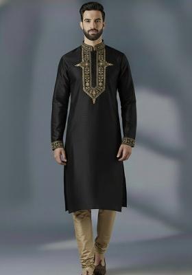 Black Embroidered Silk Kurta Set For Men