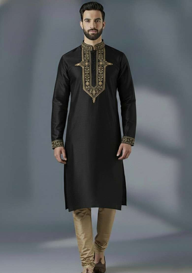 Black Embroidered Silk Blend Kurta Set For Men - Indya