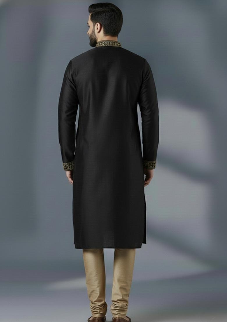 Black Embroidered Silk Kurta Set For Men - Indya