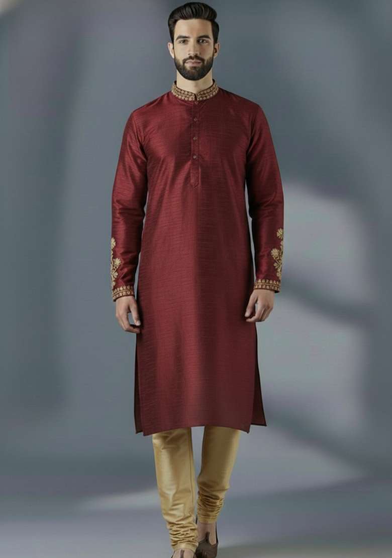 Maroon Embroidered Silk Blend Kurta Set For Men - Indya