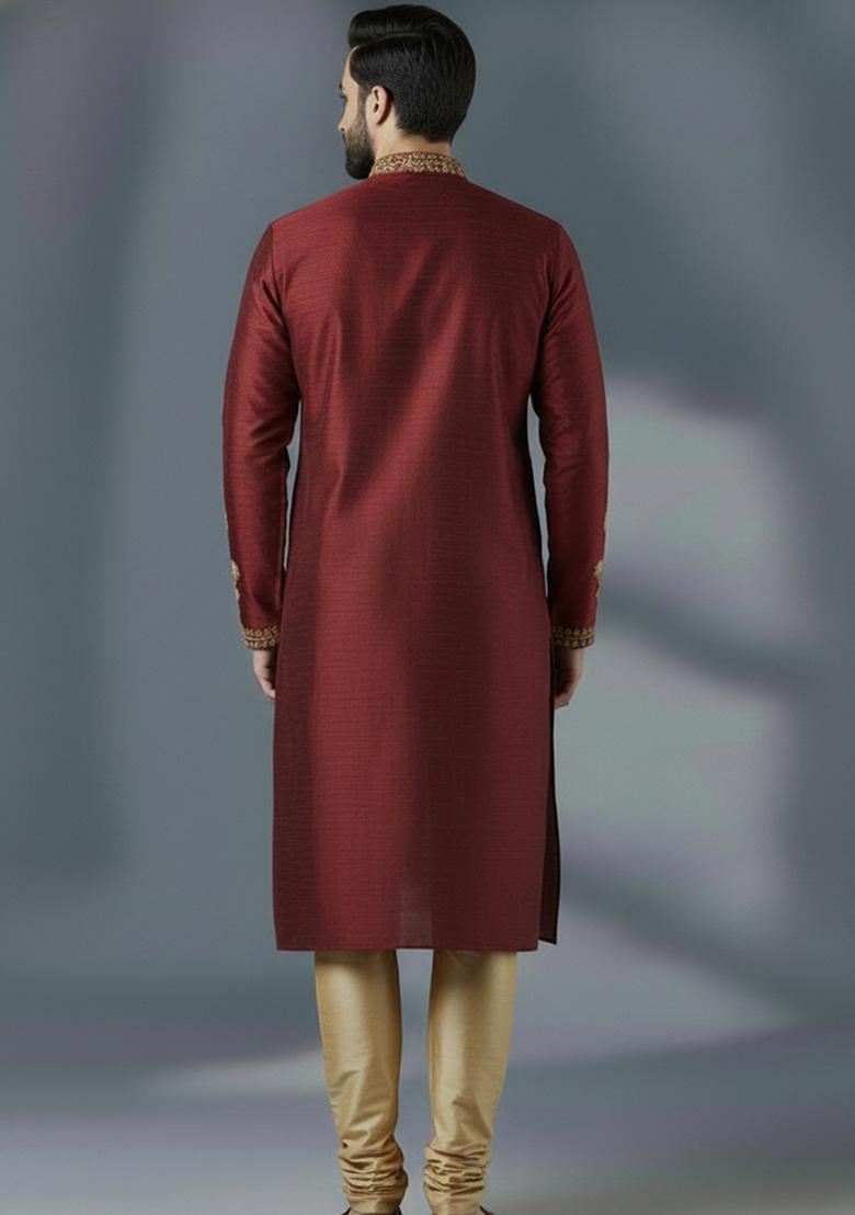 Maroon Embroidered Silk Kurta Set For Men - Indya