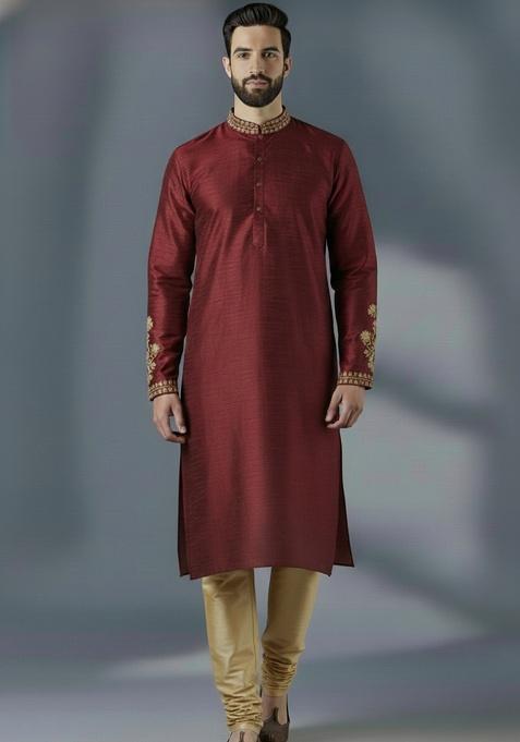 Maroon Embroidered Silk Kurta Set For Men