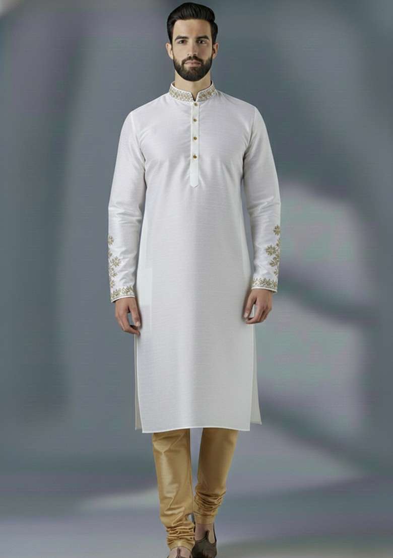White Embroidered Silk Blend Kurta Set For Men - Indya