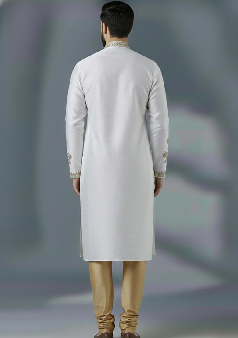 White Embroidered Silk Kurta Set For Men - Indya
