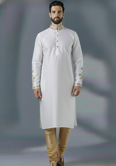 White Embroidered Silk Kurta Set For Men