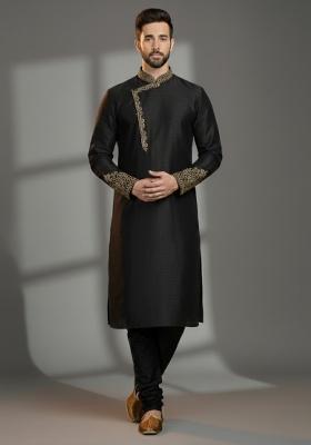 Black Embroidered Silk Kurta Set For Men