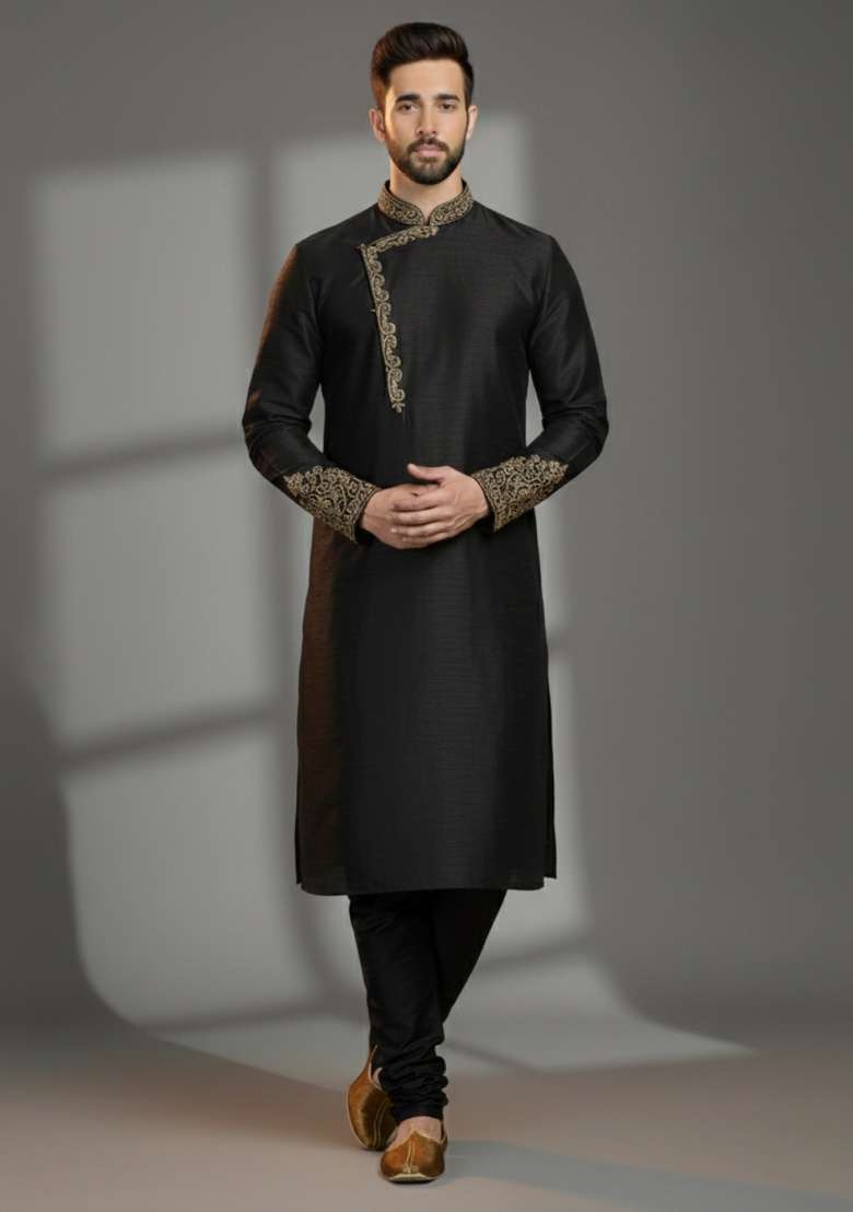 Black Embroidered Silk Blend Kurta Set For Men - Indya