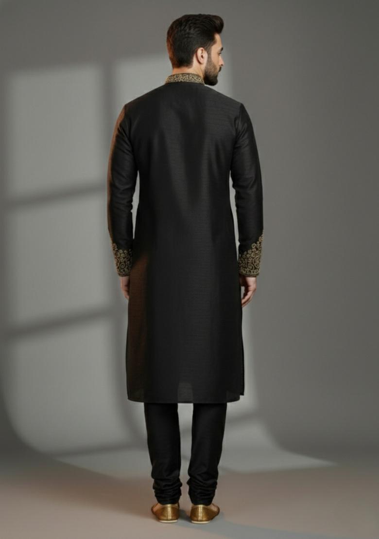 Black Embroidered Silk Kurta Set For Men - Indya