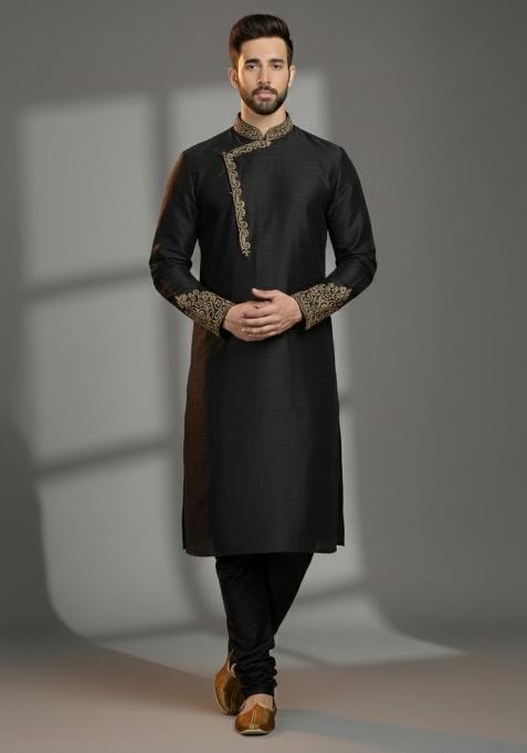 Black Embroidered Silk Kurta Set For Men