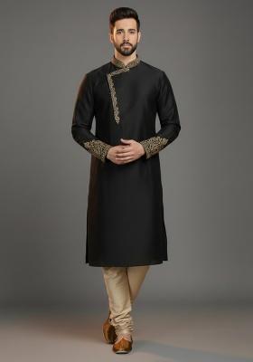Black Embroidered Silk Kurta Set For Men