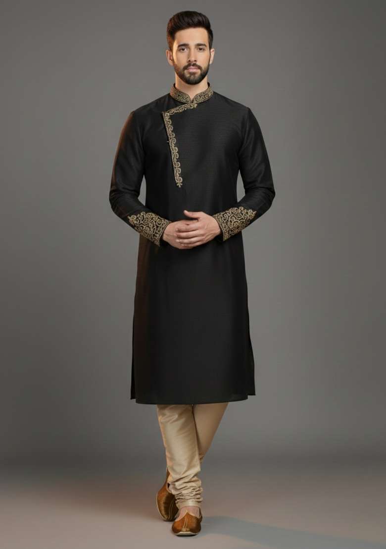 Black Embroidered Silk Blend Kurta Set For Men - Indya