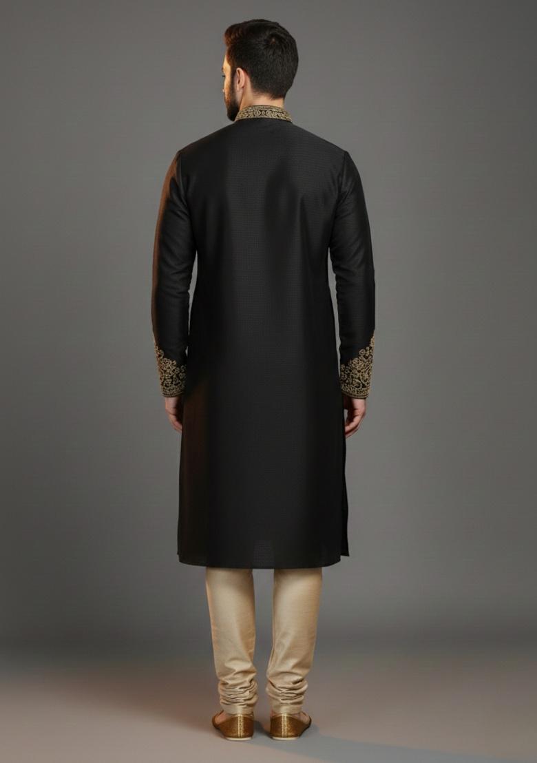 Black Embroidered Silk Kurta Set For Men - Indya