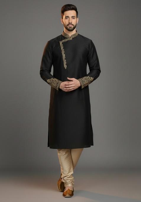 Black Embroidered Silk Kurta Set For Men