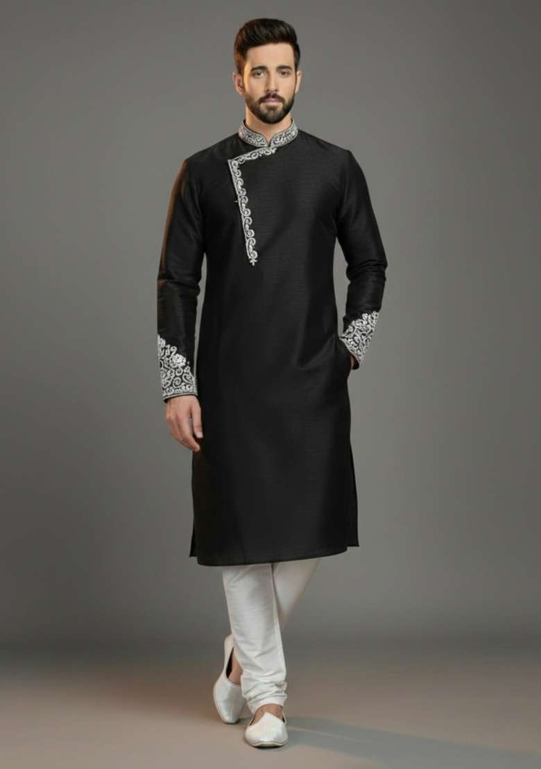 Black Embroidered Silk Blend Kurta Set For Men - Indya