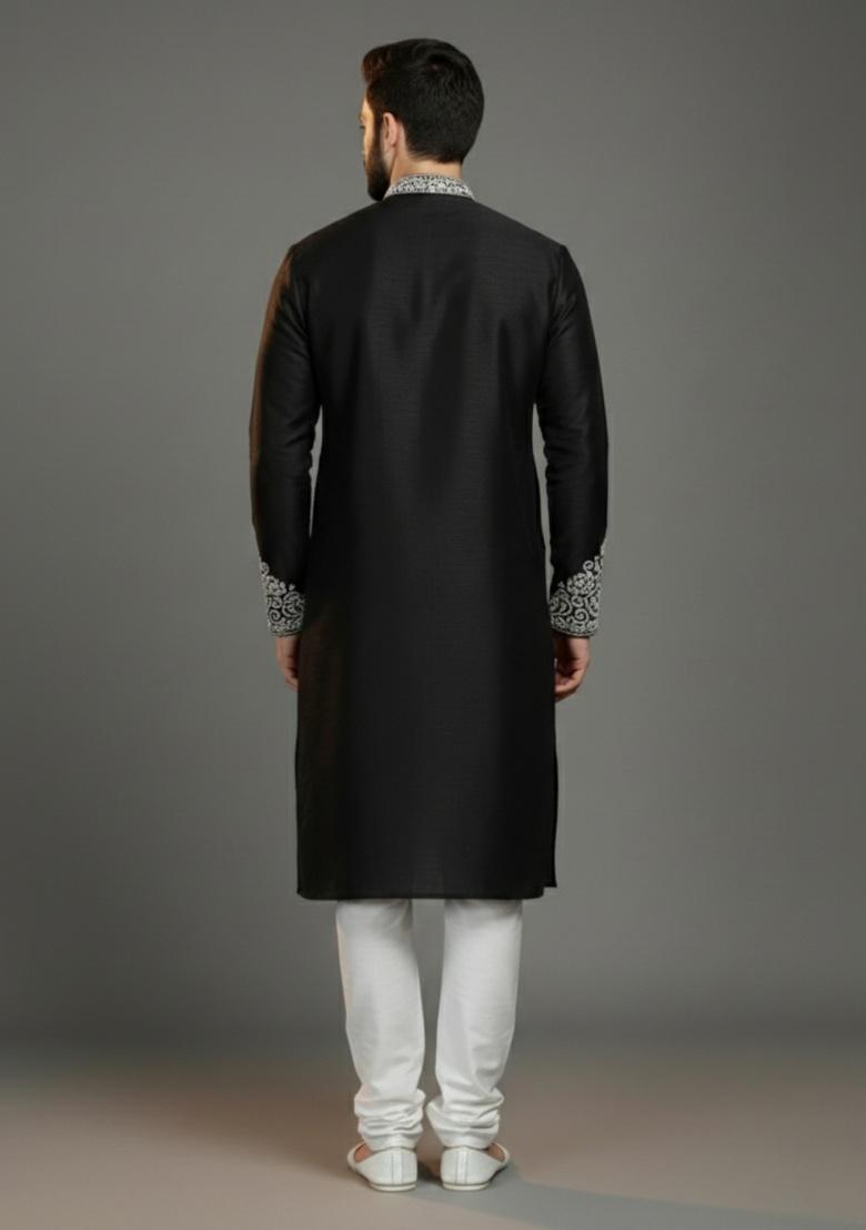 Black Embroidered Silk Kurta Set For Men - Indya
