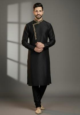 Black Embroidered Silk Kurta Set For Men
