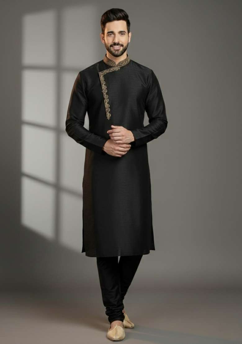 Black Embroidered Silk Blend Kurta Set For Men - Indya