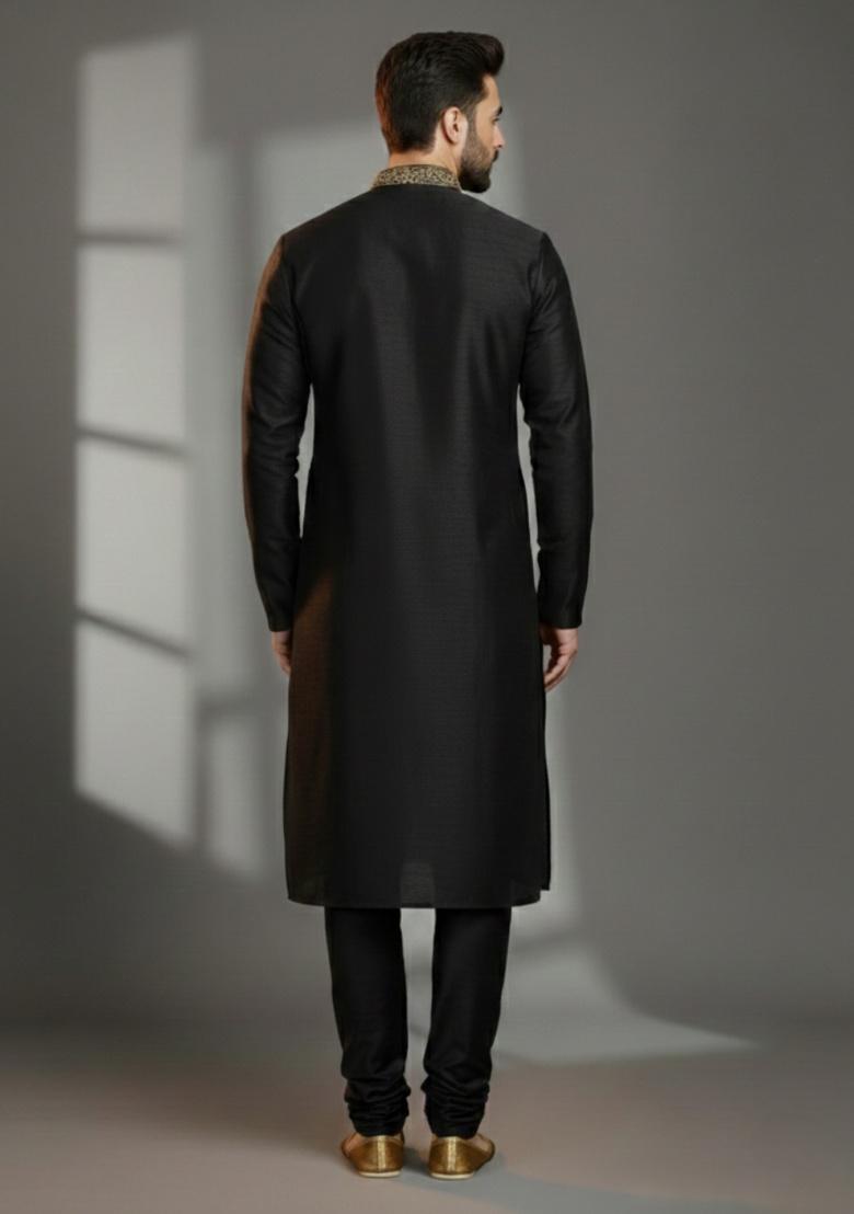 Black Embroidered Silk Kurta Set For Men - Indya